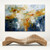 Abstract painting with expressive white and golden ochre swirling brushstrokes over deep navy blue, soft beige and pale sky blue with layered circular gestures