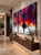 Luxury one-of-a-kind triptych When There Is a Meaning 48H x 90W by Andrada Anghel with black painted canvas edges - three panels 30W 24W 36W - hung above modern high-end walnut floating console with ambient LED light - penthouse hallway designer decor