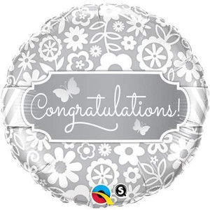 Balloon Foil 46cm Congratulations Flowers Silver & White Balloon Foil 46cm Congratulations Flowers Silver & White