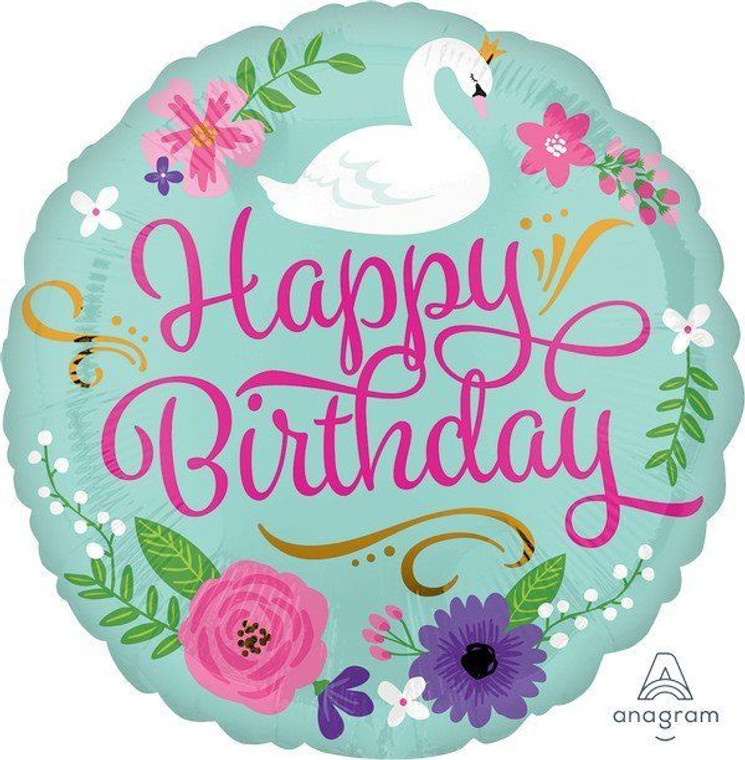 Balloon Foil 43cm Inflated Happy Birthday Floral Swan