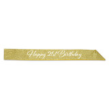 Glittered Happy 21st Birthday Sash, 32.5" x 3.5", Gold/White