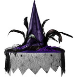 Purple Feathered Witch Hat with Cobweb Veil
