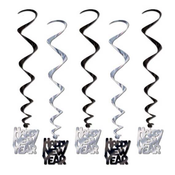 Black and Silver Happy New Year Whirls