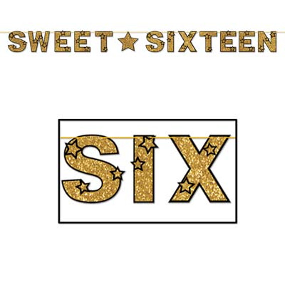 Glittered Sweet Sixteen Streamer - Black/Gold