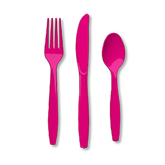 Bright Pink Plastic Assorted Cutlery - 24 ct.