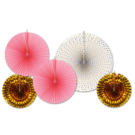 Assorted Gold & Pink Paper & Foil Decorative Fans