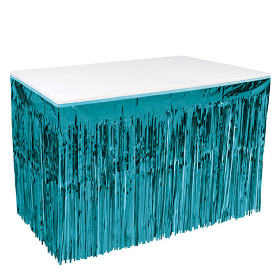 1-Ply Metallic Plastic Fringe Skirt for Rectangle Tables, 30" x 14', Turquoise