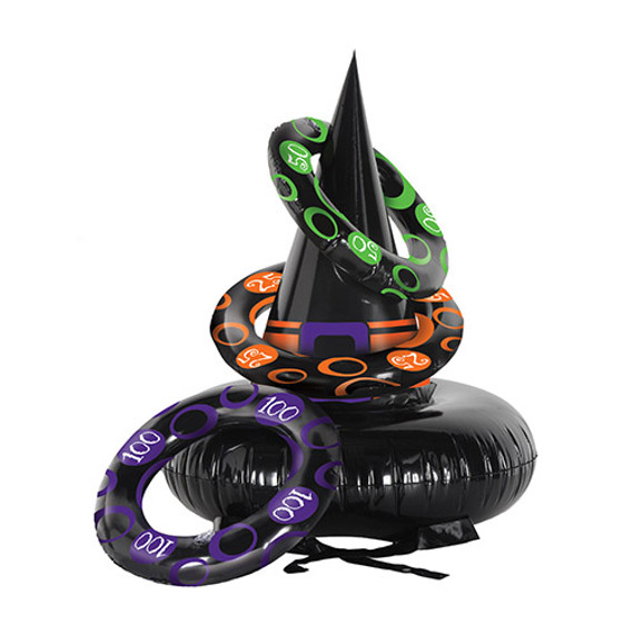 Inflatable Witch Hat Ring Toss Game, 18.5" & 9"-10", Black/Orange/Purple/Green