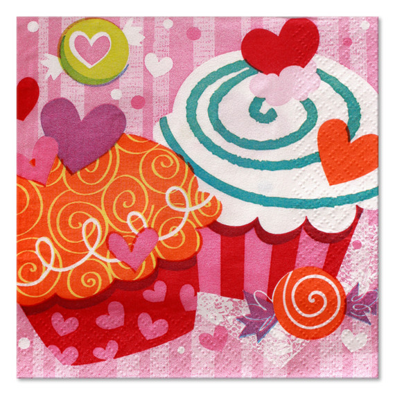 16 Cupcake Valentine's Hearts Beverage Napkins