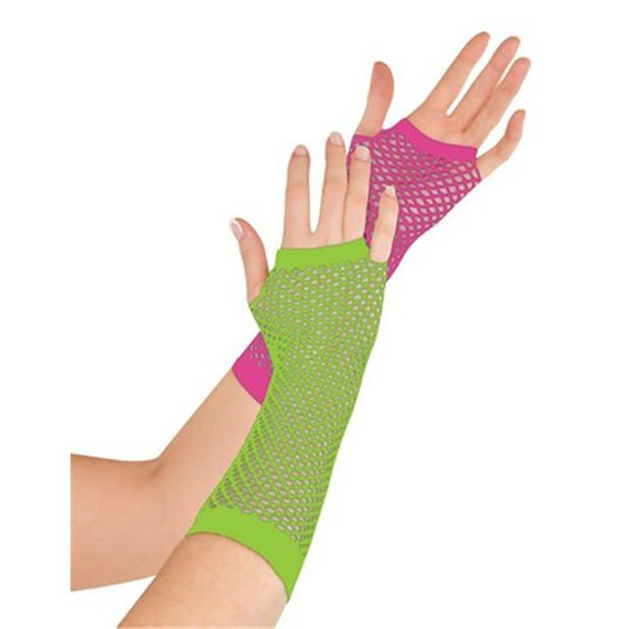 Neon Fishnet Long Gloves - Pink & Green