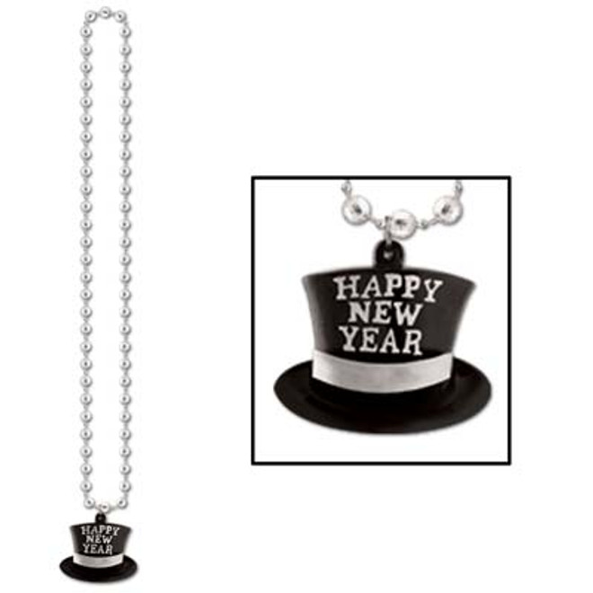 Silver Beads with Happy New Year Top Hat Medallion