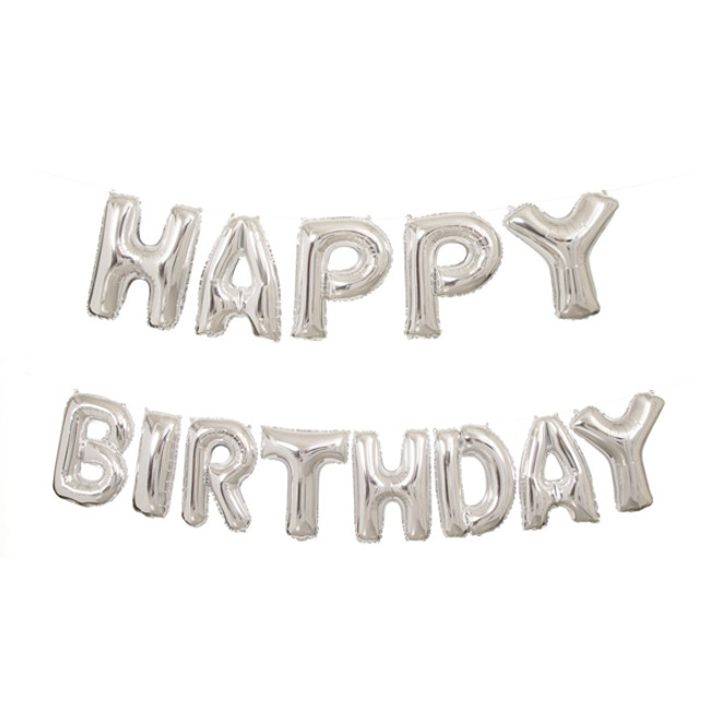 14-Inch  Silver "Happy Birthday" Letter Balloon Banner Kit