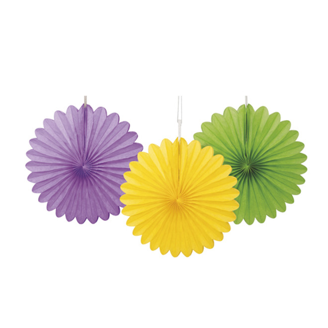 3 Ct 6" Decorative Mini Fans - Purple, Yellow, and Lime Green