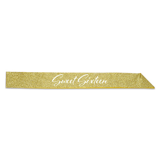 Glittered Sweet Sixteen Happy Birthday Sash, 32.5" x 3.5", Gold/White