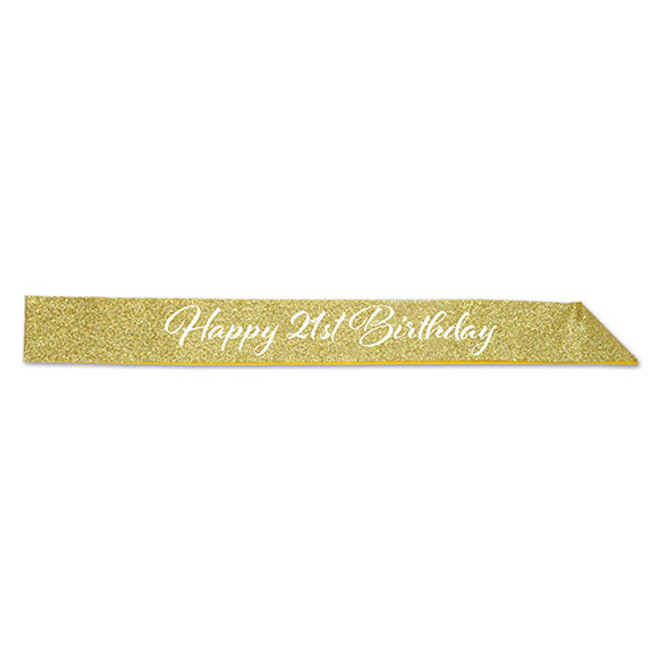 Glittered Happy 21st Birthday Sash, 32.5" x 3.5", Gold/White