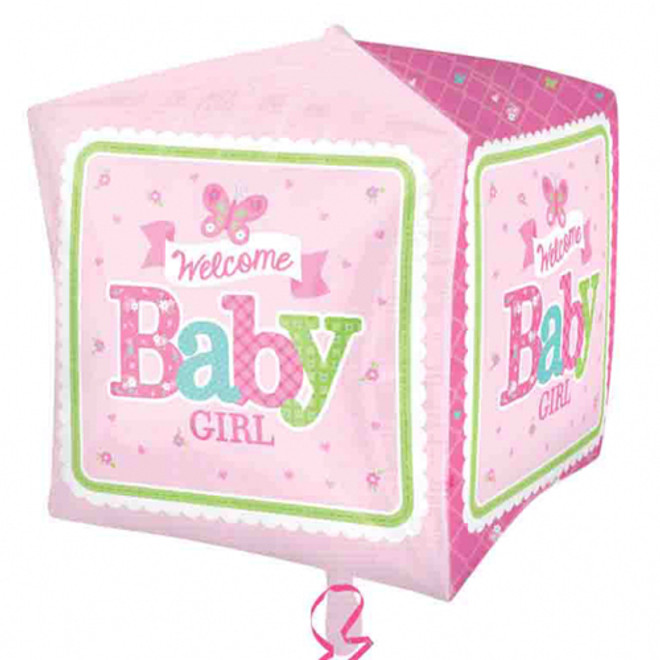 15-Inch Welcome Baby Girl Butterfly Cube Balloon