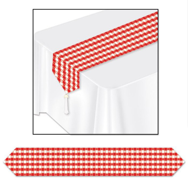 Printed Gingham Table Runner - Red/White