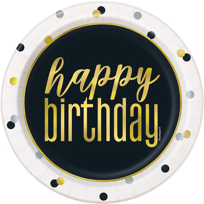 7" Happy Birthday Metallic Round Dessert Plates