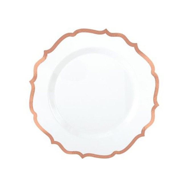 Ornate Premium Plastic Plates with Trim - White/Rose Gold