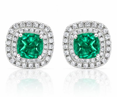 4Ct TW Emerald & Lab Grown Diamond Cushion Halo Studs 14k White Gold Earrings