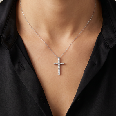 1/3 Ct Lab Diamond Cross Pendant Necklace 18" White Gold 21mm Tall