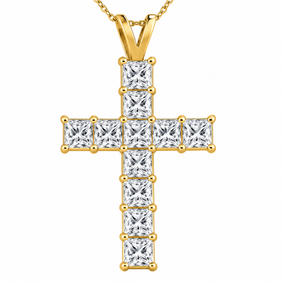 5.80Ct Princess Cut Diamond Cross Pendant 14k Gold Necklace Lab Grown 1 1/2"