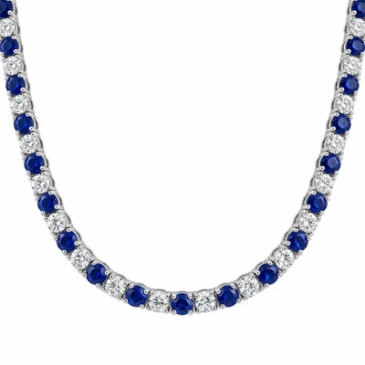 30Ct Blue Sapphire & Diamond Tennis Necklace 14k Gold 16.5" Lab Grown