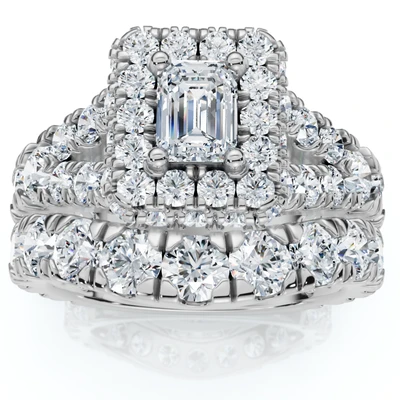 4Ct TW Emerald Cut Halo Diamond Engagement Wedding Ring Set Lab Grown Gold