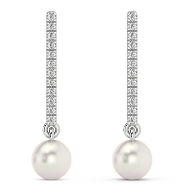 6mm Pearl & Diamond Dangle Earrings Women's 14k Gold Tennis Earrings Lab Grown