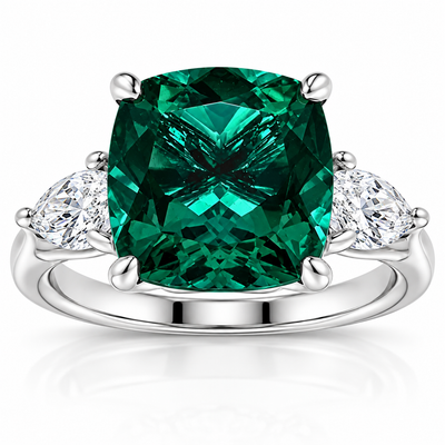 7.55Ct Green Cushion Emerald & Marquise Three Stone Ring 14k Gold lab Grown
