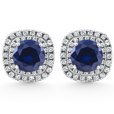 2.65Ct Cushion Halo Blue Sapphire Diamond Studs 14k White Gold Earring Lab Grown