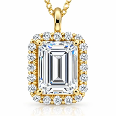 3 1/2 Ct Emerald Moissanite & Lab Grown Diamond Halo Pendant 14k Gold Necklace