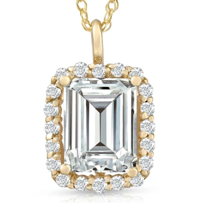3 1/2 Ct Emerald Moissanite & Lab Grown Diamond Halo Pendant 14k Gold Necklace