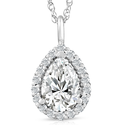 2 1/6 Pear Shape Moissanite & Lab Grown Diamond Halo Pendant 14k Gold Necklace