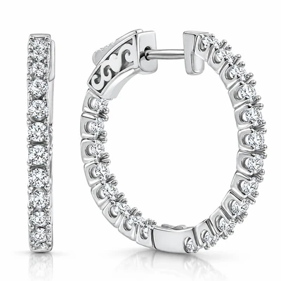 1.75 ct Lab Grown Diamond Hoops Inside Outside 1 1/3" 14K White Gold Earrings