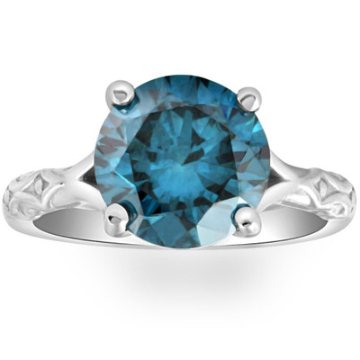 3Ct Blue Diamond Vintage Engagement Ring in 10k White Gold