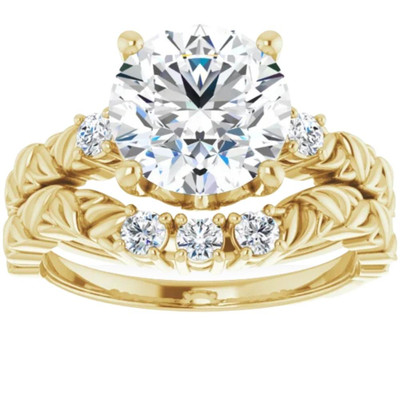 2 1/2Ct Diamond & Moissanite Petite Leaf Accent Engagement Set in 10k Gold