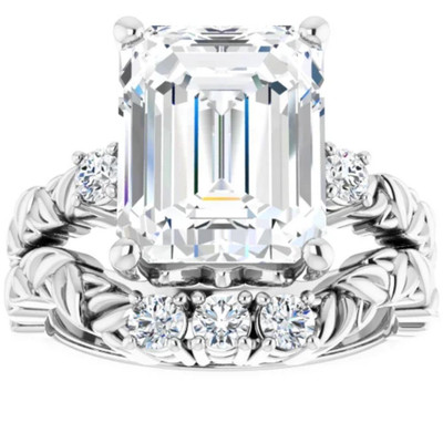5 1/2Ct Diamond & Emerald Cut Moissanite Petite Leaf Engagement Set in Gold