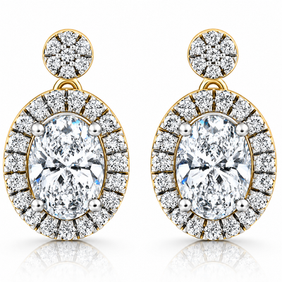 3 1/2Ct Oval Halo Dangle Diamond Earrings Yellow Gold Studs Lab Grown
