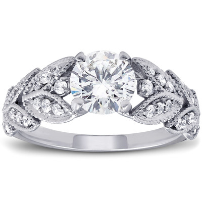 1ct Diamond Engagement Ring   Petal Vine Leaf 14k White Gold Enhanced