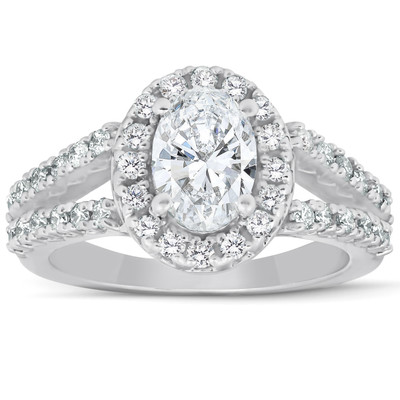 1 1/2Ct Oval (1ct Center) Diamond Halo Engagement Ring Lab Grown 14k White Gold