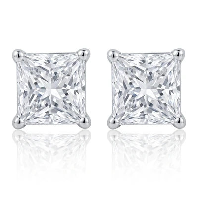 Certified 3Ct Princess Cut Diamond Studs 14k White Gold Lab Grown