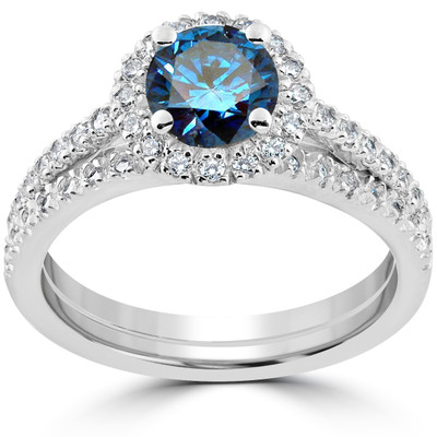 1 1/2 ct Blue Diamond Halo Engagement Wedding Ring Set 14k White Gold Lab Grown