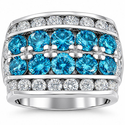 7Ct Blue Diamond Men's Four Row Anniversary Ring in 10k White Gold