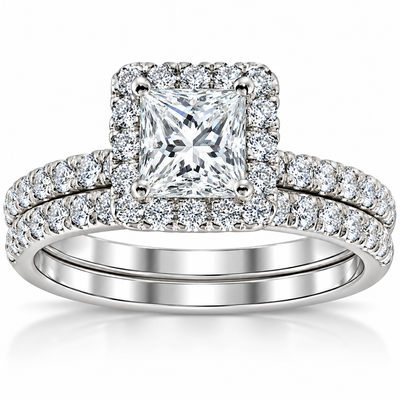 2 5/8ct Princess Cut Halo Diamond Engagement Wedding Ring Set Lab Grown 14k Gold