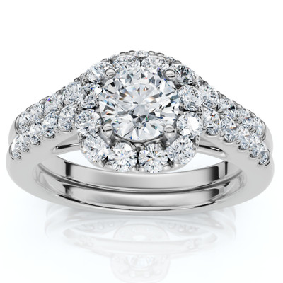 1 1/10Ct TDW Cushion Halo Engagement Wedding Ring Set 14k White Gold Lab Grown