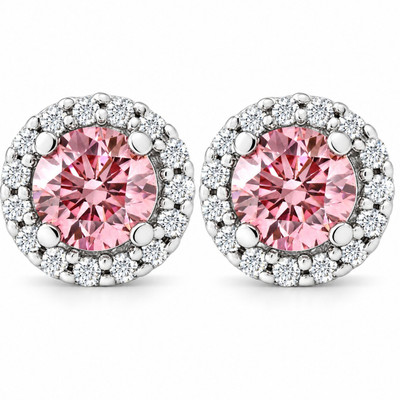 1/2 Ct Halo Pink Diamond Lab Grown Diamond Studs White Gold Screw Back Earrings