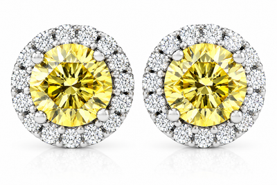 1/2 Ct Halo Fancy Canary Yellow Lab Grown Diamond Studs 10k White Gold Earrings