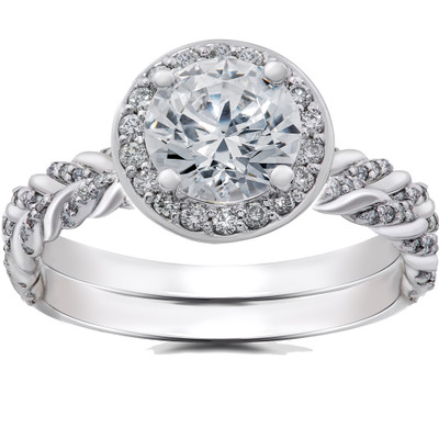 1 ct Lab Grown Diamond McKenna Halo Engagement Ring & Matching Band 14k Gold