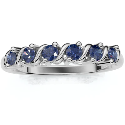 0.18 CTW Blue Sapphire 6 Stone Bar Set Wedding Band Ring 14K White Gold